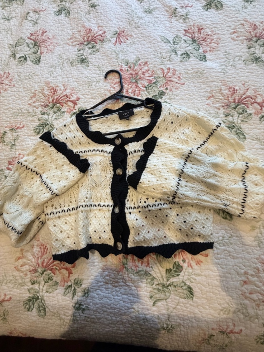 Vici Cream Knit Cardigan with Black Trim and Button Accents